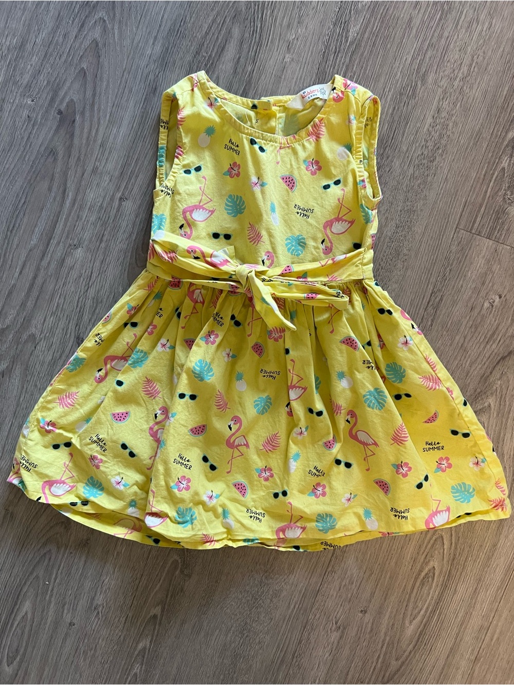 Girls' Yellow Flamingo Print Tie-Waist Dress | 100% Cotton | Size 2-3